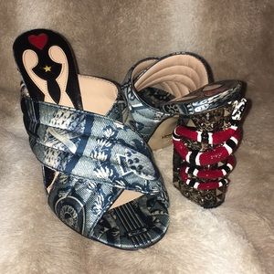 Gucci Webby Satin Snake-Heel Mule Sandal, Blue